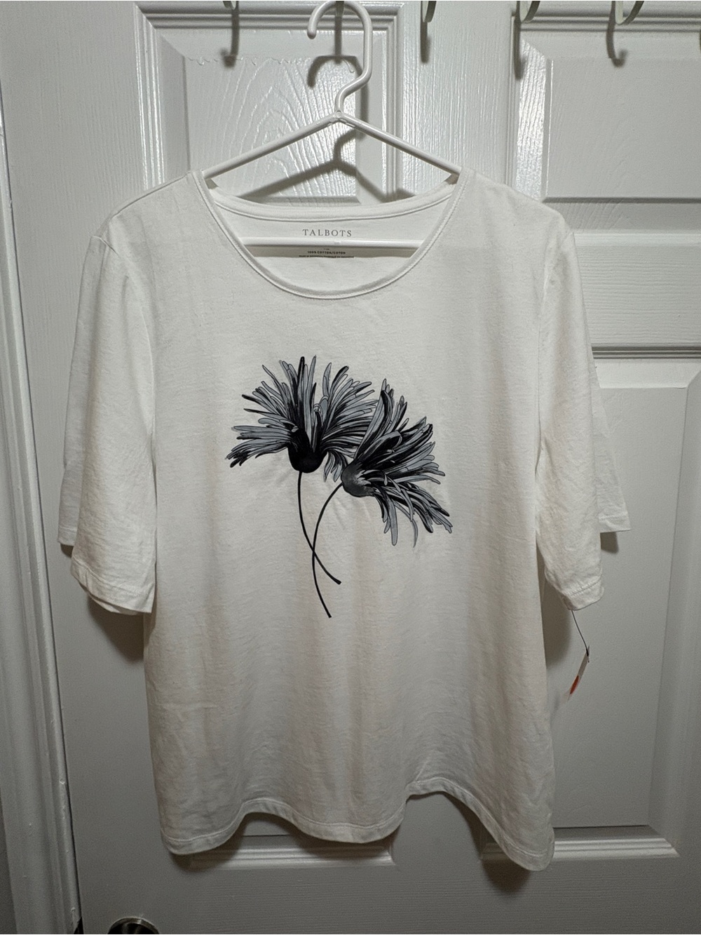 Talbots White Short-Sleeve Tee with Black Floral Illustration